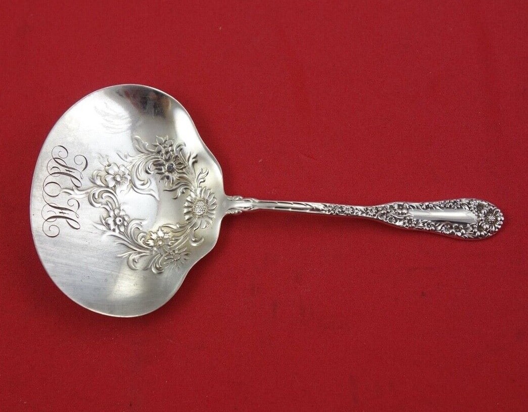 Dominick & Haff Number 10 Sterling Silver Nut Spoon 4 7/8" Monogrammed: Dominick & Haff Number 10 Sterling Silver Nut Spoon 4 7/8" Monogrammed Introducing the exquisite Number 10 Nut Spoon by Dominick & Haff, crafted from high-quality sterling silver. This elegant serving