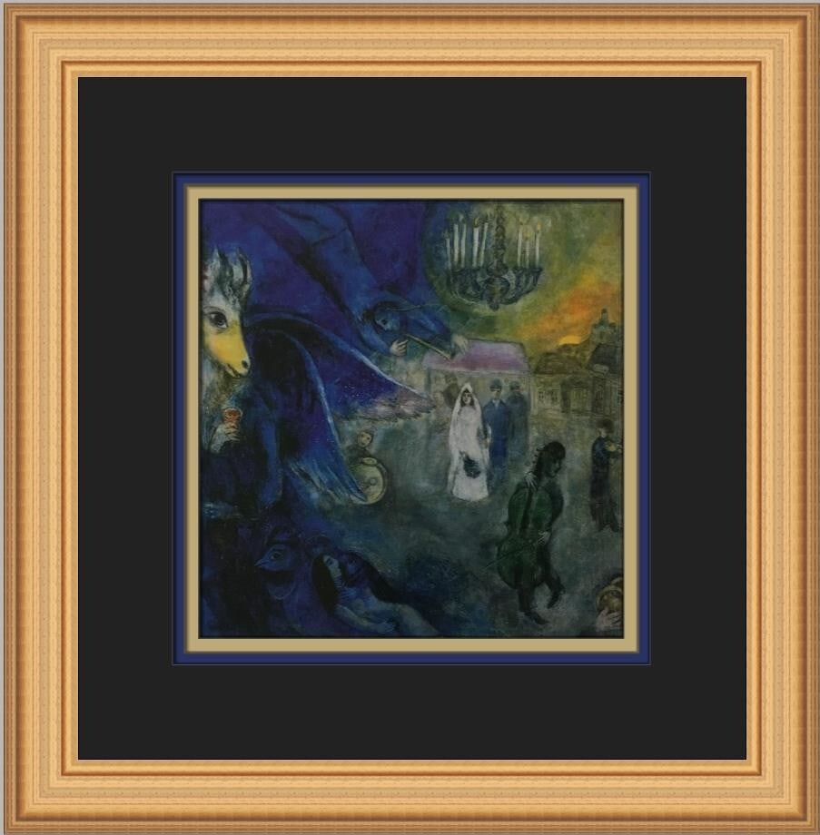 Marc Chagall The Lights of Marriage Custom Framed Offset Lithograph Print 13x13: Marc Chagall The Lights of Marriage Custom Framed Offset Lithograph Print 13x13 This custom framed print titled "The Lights of Marriage" by renowned artist Marc Chagall is a striking piece that captur