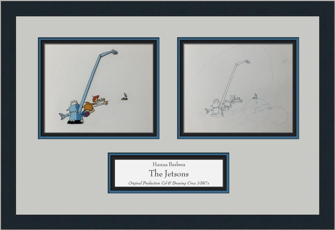 The Jetsons Hand Painted Animation Cel Custom Framed 1980s Hanna-Barbera: The Jetsons Hand Painted Animation Cel Custom Framed 1980s Hanna-Barbera This stunning hand-painted animation production cel features beloved characters from the classic animated series, The Jetsons,