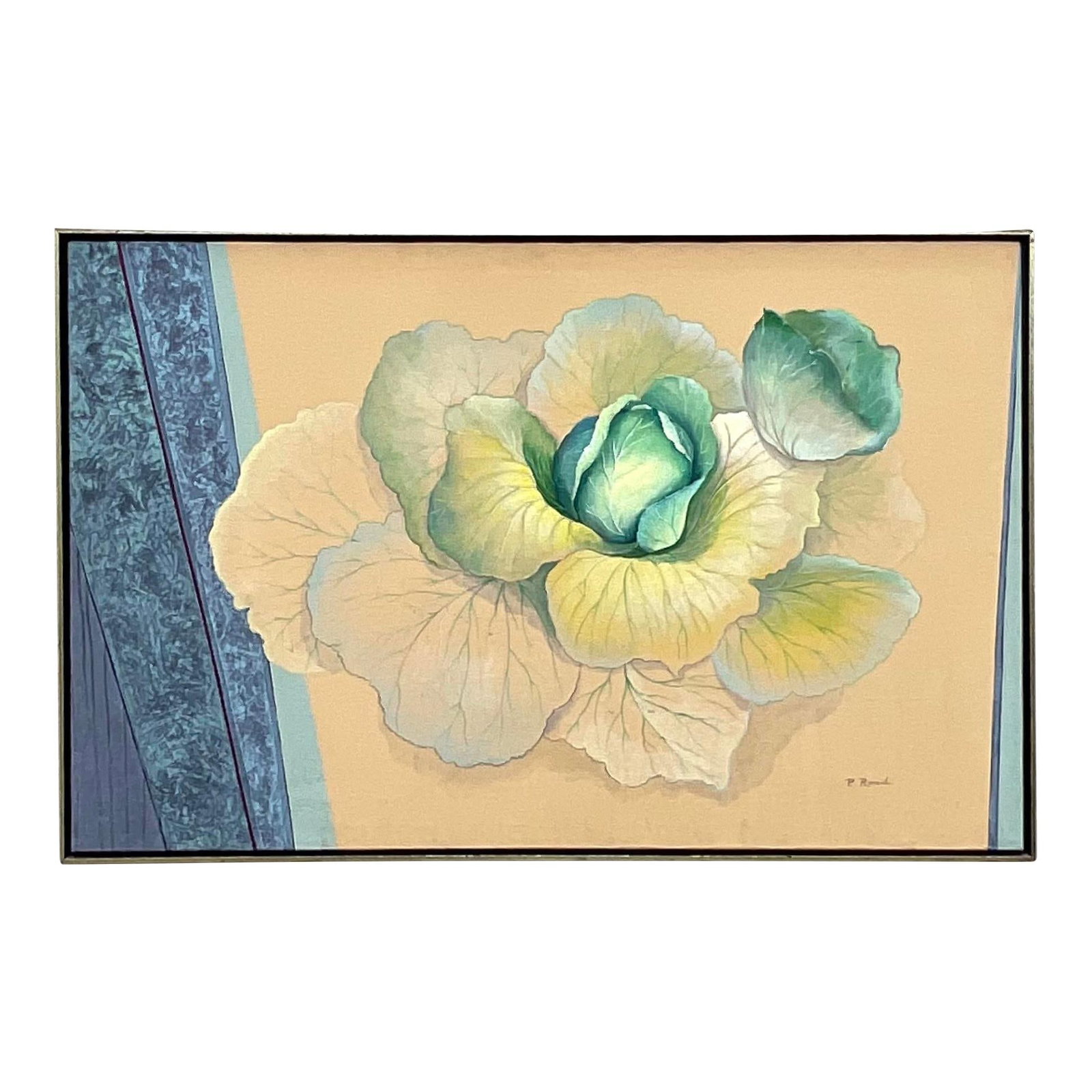 Vintage Boho Signed Oil Still Life on Canvas 33.25 x 51.5: Vintage Boho Signed Oil Still Life on Canvas 33.25 x 51.5 Discover this stunning vintage Boho original oil painting, featuring a chic still life of cabbage adorned with bold geometric stripes. This ar