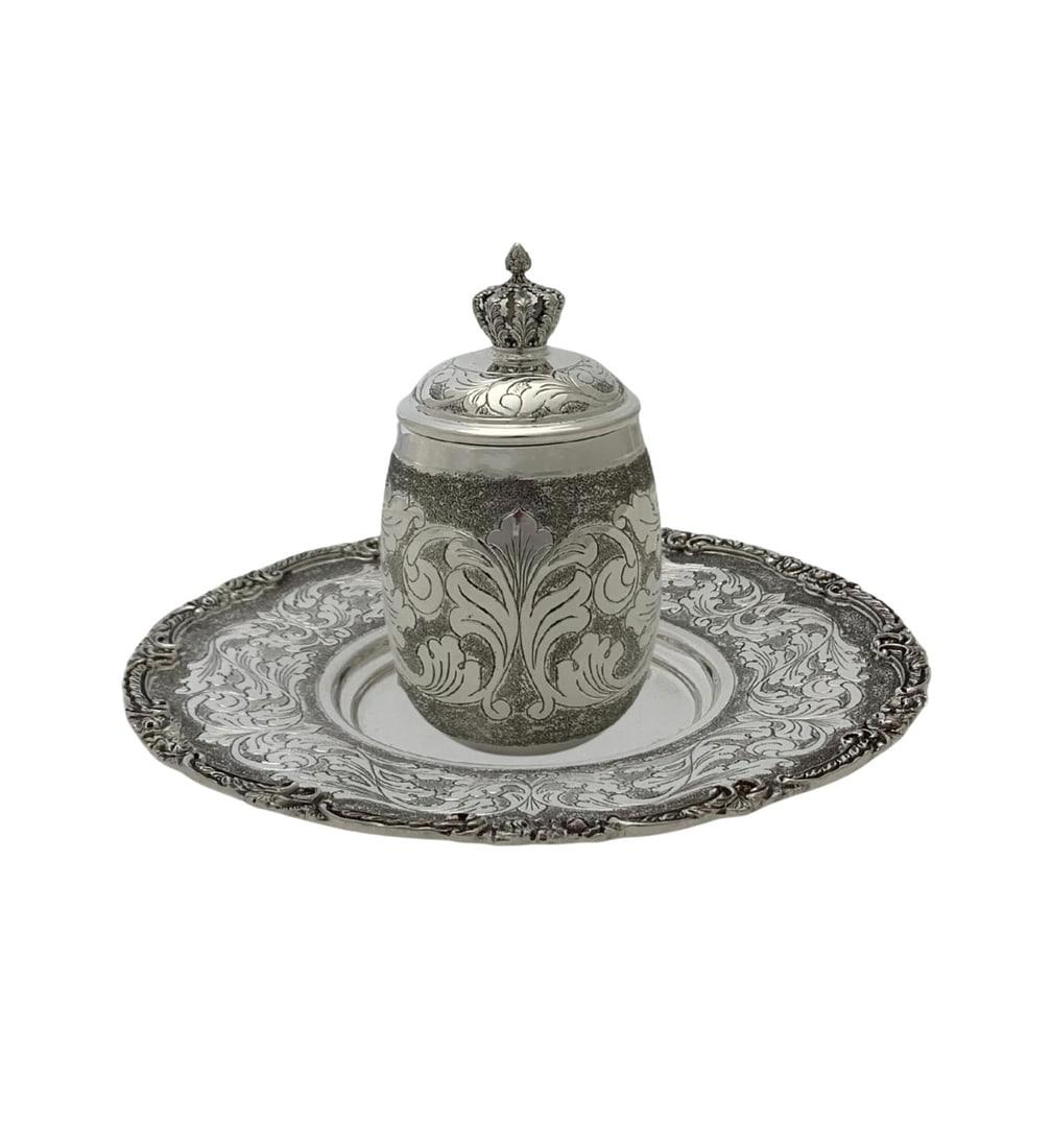 Handmade 925 Sterling Silver Swirl Cup Tray Cover Set: Handmade 925 Sterling Silver Swirl Cup Tray Cover Set This exquisite set features a fine 925 sterling silver cup, tray, and crown cover, all handcrafted in Turkey. The cup showcases intricate handmade