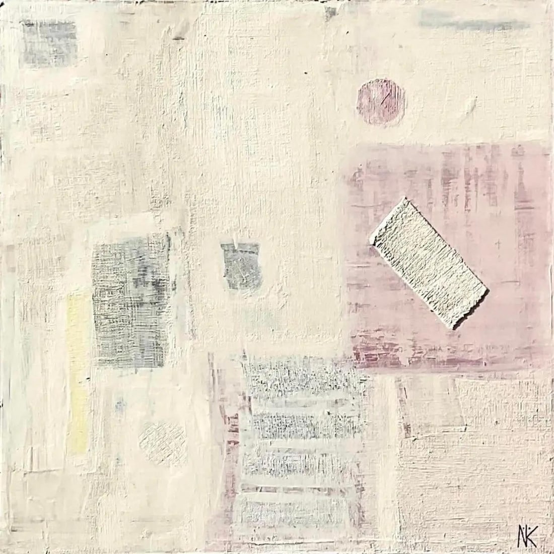 Signed NK Modern Abstract Mixed Media Artwork on Canvas: Signed NK Modern Abstract Mixed Media Artwork on Canvas This vintage contemporary mixed media abstract painting, signed "NK," features a subtle and complex composition in soft pastel tones. The artwor