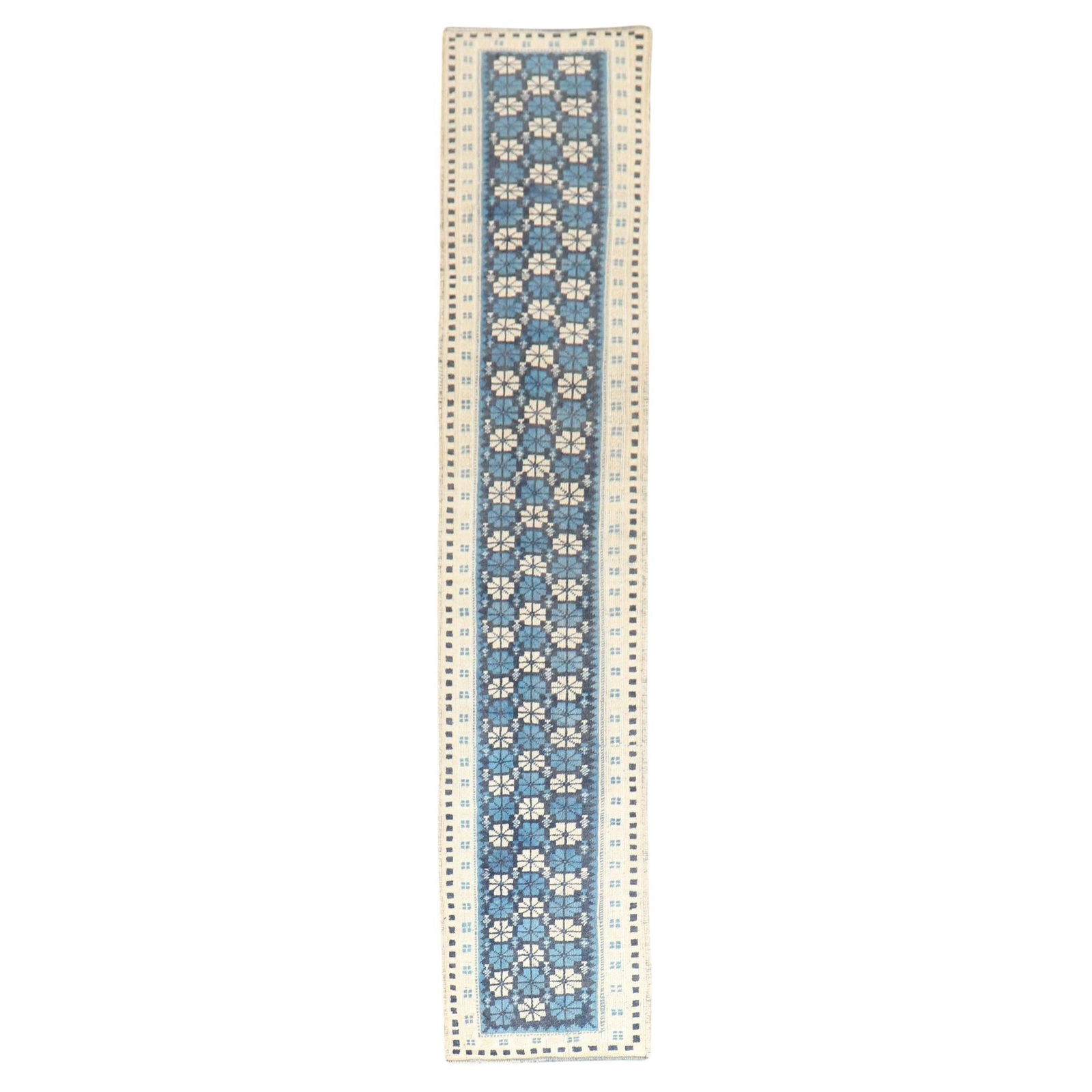 20 x 97 Inch Wool Turkish Blue and White Geometric Runner Rug: 20 x 97 Inch Wool Turkish Blue and White Geometric Runner Rug Discover a stunning mid-20th century Turkish runner that seamlessly blends vintage charm with modern style. This narrow geometric design f