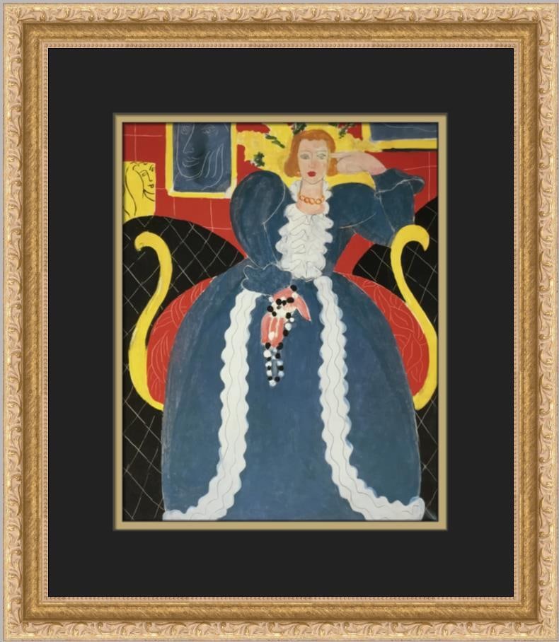 Henri Matisse Large Blue Dress and Mimosas Custom Framed Print 15 x 17: Henri Matisse Large Blue Dress and Mimosas Custom Framed Print 15 x 17 This striking custom framed print titled "Large Blue Dress and Mimosas" by renowned artist Henri Matisse showcases a captivating