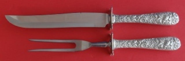 Kirk Repousse Sterling Silver 2pc Steak Carving Set Knife Fork: Kirk Repousse Sterling Silver 2pc Steak Carving Set Knife Fork Enhance your dining experience with this exquisite 2-piece Sterling Silver Steak Carving Set by Kirk, featuring the elegant Repousse patt