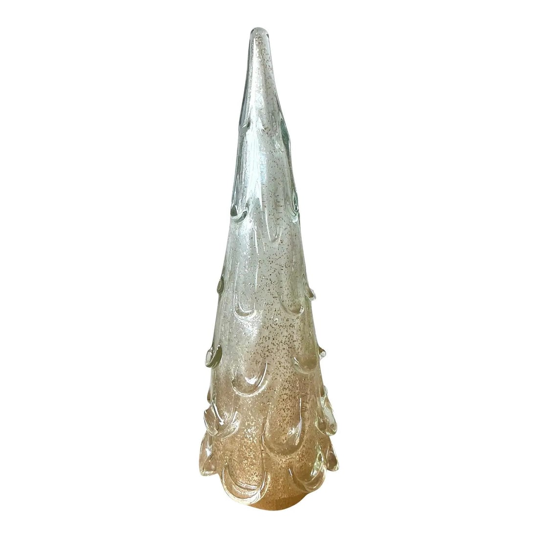 Tall Gold Aventurine Blown Glass Tree Sculpture with Prunts: Tall Gold Aventurine Blown Glass Tree Sculpture with Prunts This monumental vintage blown glass tree sculpture features a clear, tapered conical form with shimmering gold aventurine flecks, inspired b