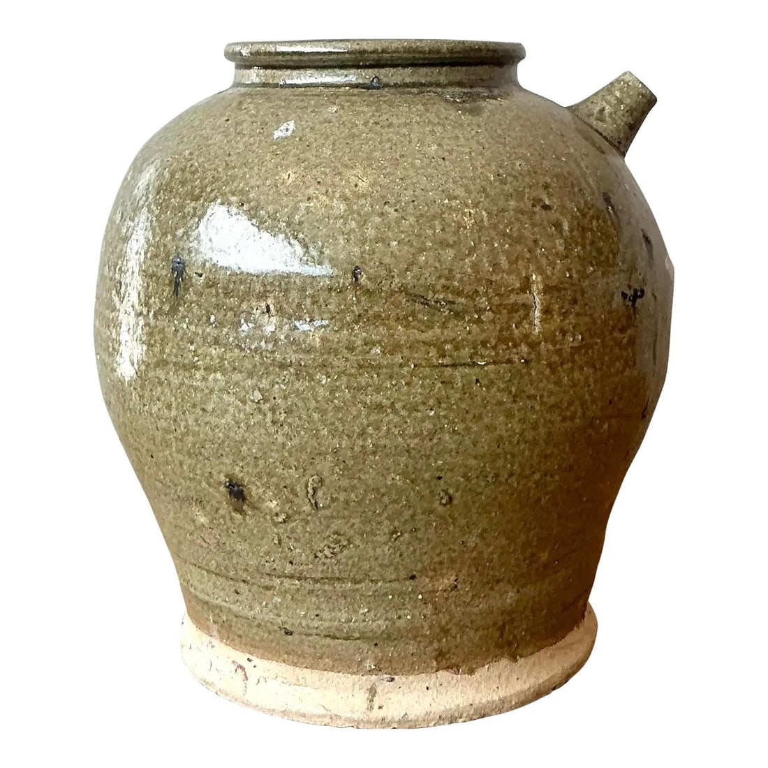 Earthy Olive Glazed Pottery Jug With Narrow Neck Rustic Vintage Decor: Earthy Olive Glazed Pottery Jug With Narrow Neck Rustic Vintage Decor This vintage studio pottery jug features a robust, globular body and a narrow neck, reminiscent of traditional liquor or oil stora