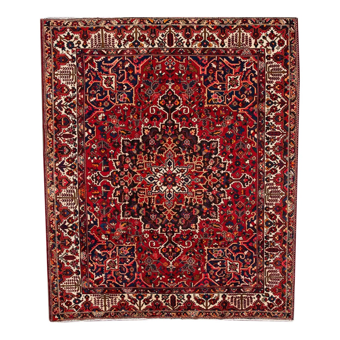 1950s Red Persian Bakhtiari Handmade Wool Rug 10'3 x 12'3 Multicolor Design: 1950s Red Persian Bakhtiari Handmade Wool Rug 10'3 x 12'3 Multicolor Design Experience timeless elegance with this stunning 1950s Vintage Persian Bakhtiari Hand-knotted Wool Rug. Adorned in a rich red