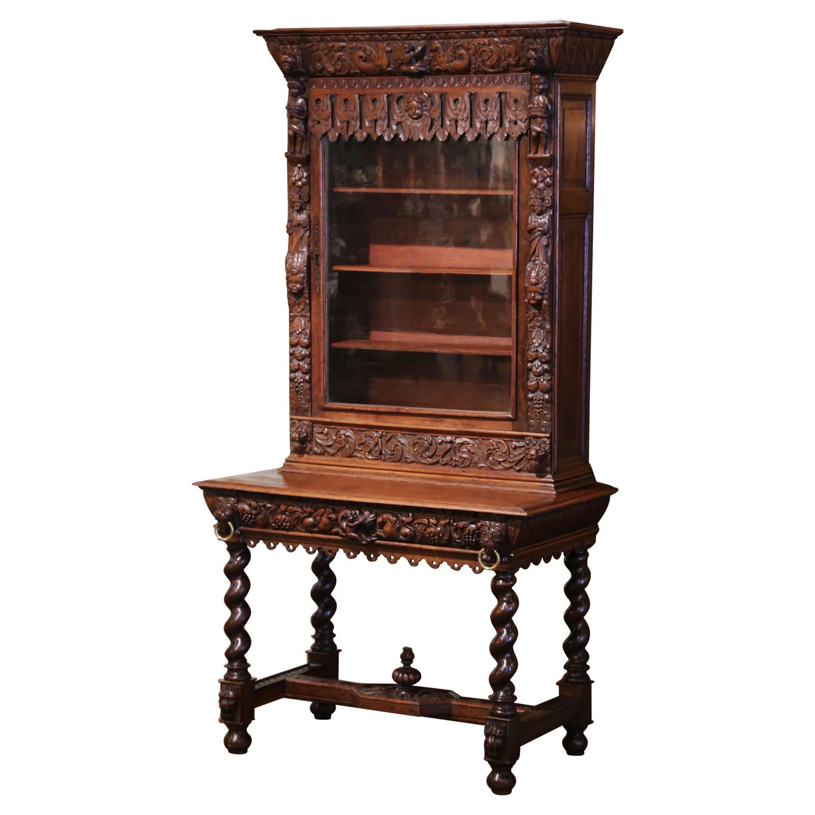 French Oak Louis XIII Style Secretary Bookcase Desk with Ornate Carvings Circa 1860 (1 of 18)