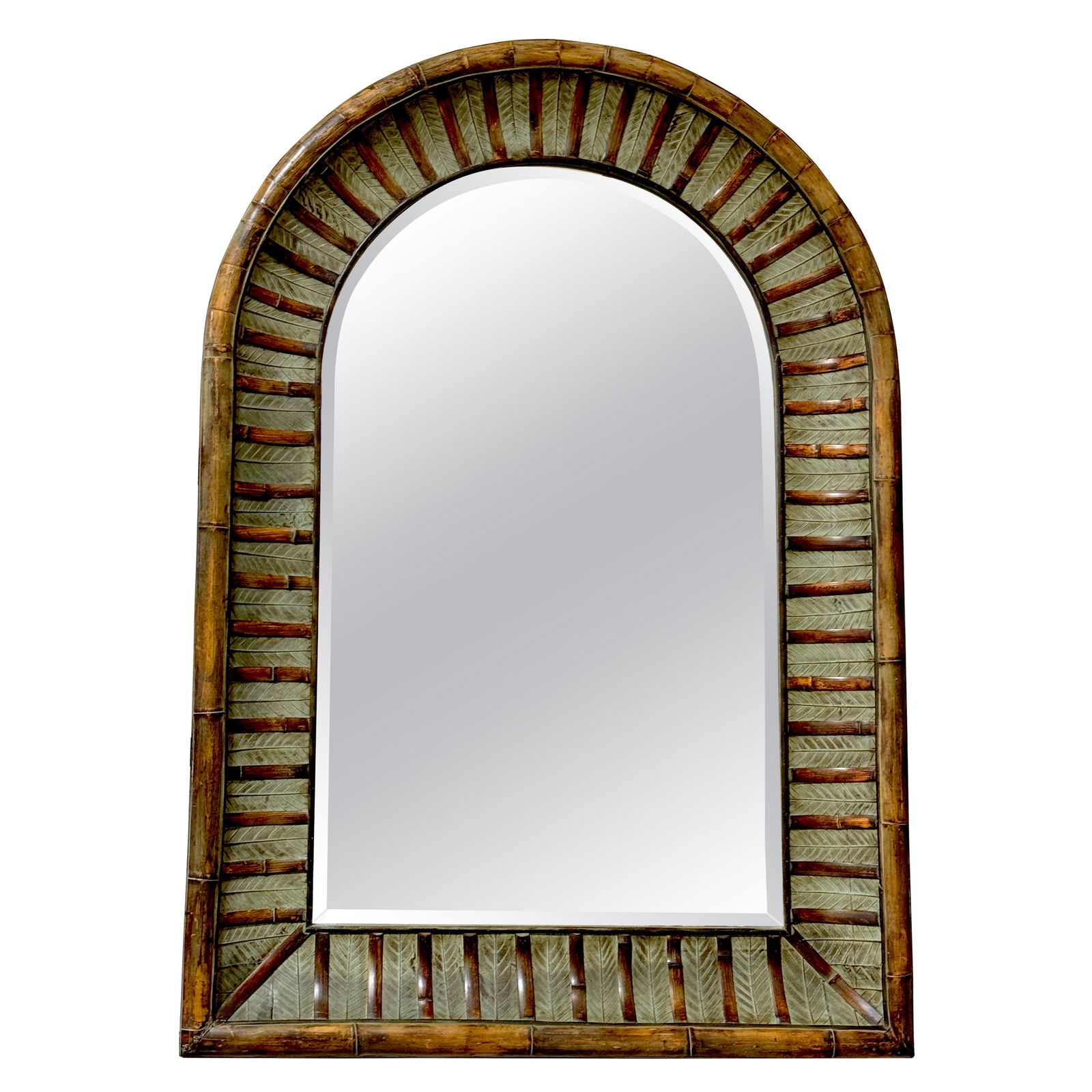 La Barge Arch Top Bamboo Leaf Motif Beveled Mirror 1990s: La Barge Arch Top Bamboo Leaf Motif Beveled Mirror 1990s This exquisite arch-top beveled mirror, attributed to La Barge, showcases a stunning polychromed bamboo and leaf motif that embodies exceptiona