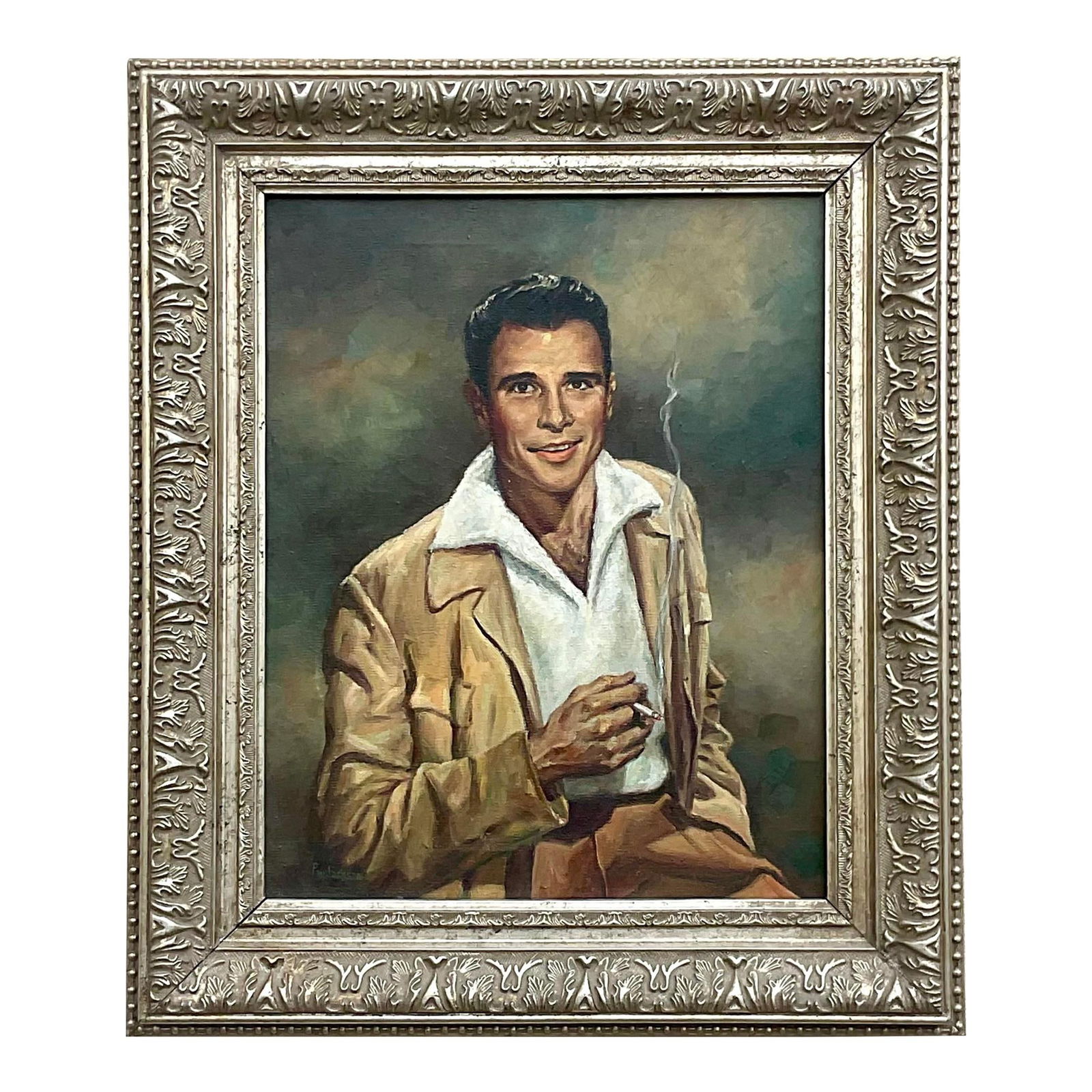 Vintage MCM Signed Oil Portrait of Handsome Man on Canvas: Vintage MCM Signed Oil Portrait of Handsome Man on Canvas Discover a stunning vintage Mid-Century Modern (MCM) original oil portrait on canvas featuring a handsome man. This beautiful composition is s