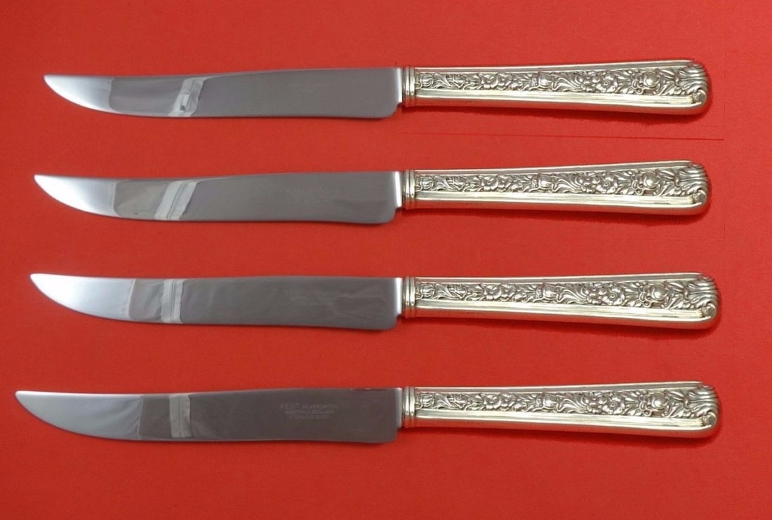 Watson Windsor Rose Sterling Silver Steak Knife Set 4pc Texas Sized: Watson Windsor Rose Sterling Silver Steak Knife Set 4pc Texas Sized Experience the elegance of dining with the Windsor Rose by Watson Sterling Silver Steak Knife Set. This impressive 4-piece set featu