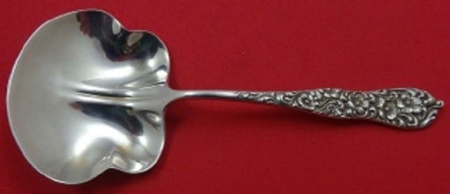Dominick and Haff Rococo Sterling Silver Nut Spoon 4 3/8 inches: Dominick and Haff Rococo Sterling Silver Nut Spoon 4 3/8 inches This exquisite Rococo nut spoon, crafted by Dominick and Haff, showcases the intricate design typical of the Rococo style. Measuring 4 3