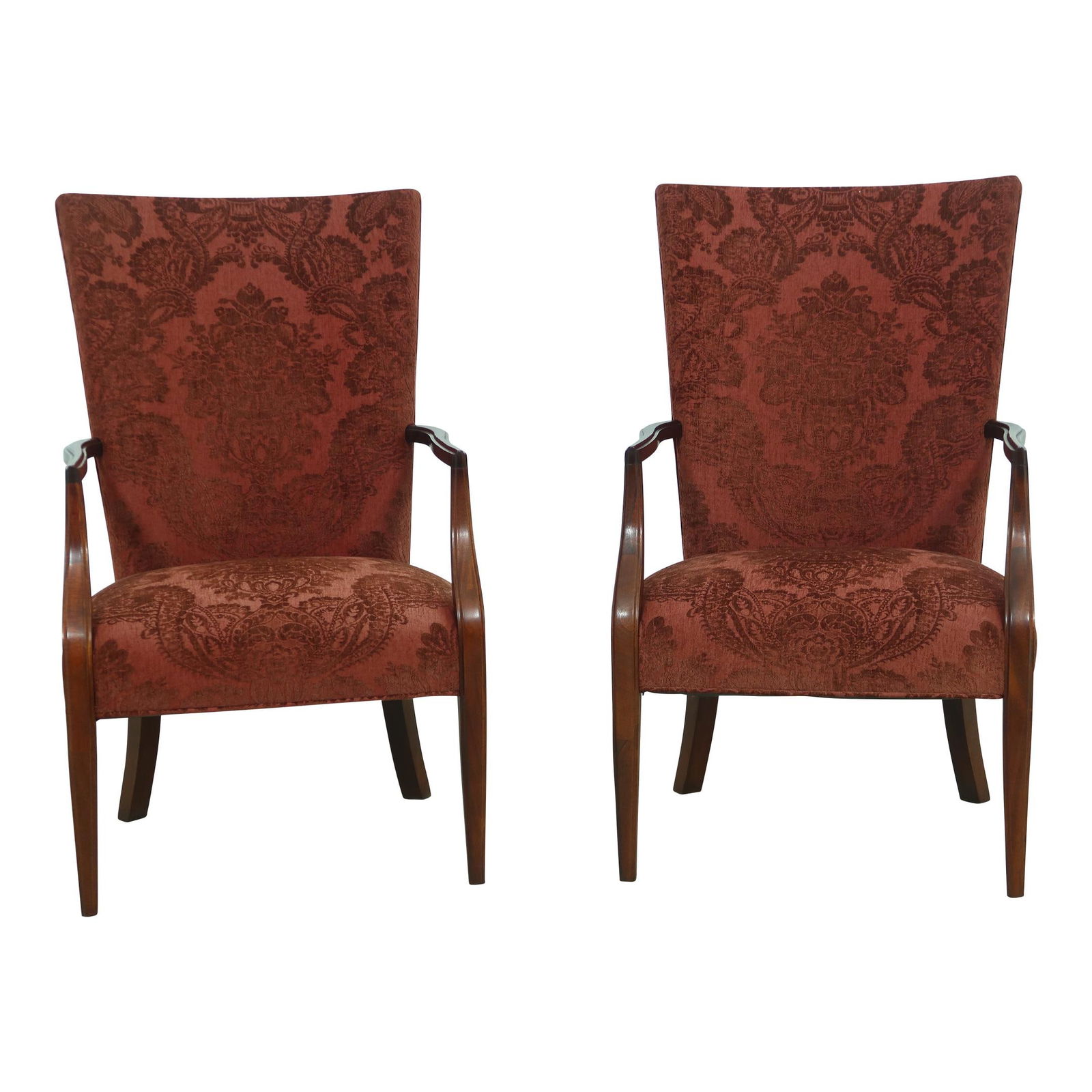Elegant Pair of Sheraton Style Damask Red Velour Armchairs: Elegant Pair of Sheraton Style Damask Red Velour Armchairs This exquisite pair of armchairs boasts a classic Sheraton style with a striking damask red velour upholstery. Crafted from solid mahogany, t