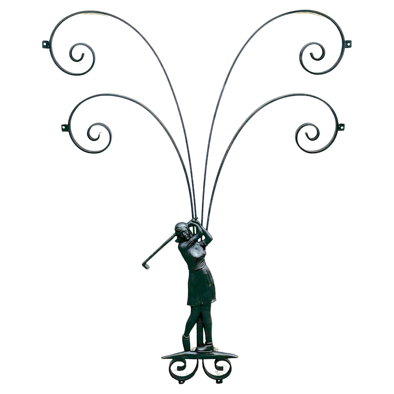 1960s Hollywood Regency Wrought Iron Lady Golfer Wall Sculpture: 1960s Hollywood Regency Wrought Iron Lady Golfer Wall Sculpture Introducing a striking Hollywood Regency Wrought Iron Lady Golfer Wall Sculpture, a remarkable piece crafted in the USA during the 1960s