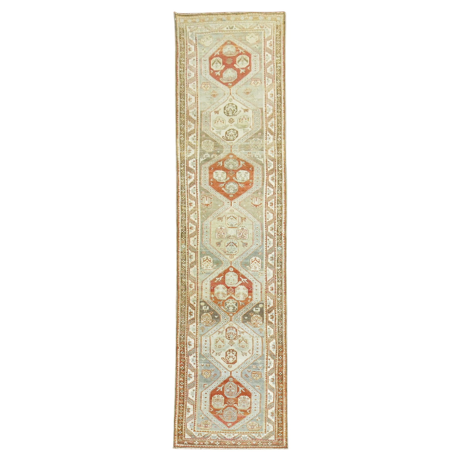 Antique Persian Malayer Runner 3'2'' x 12' Wool Hand-Knotted Iran 1930s: Antique Persian Malayer Runner 3'2'' x 12' Wool Hand-Knotted Iran 1930s This stunning early 20th century Persian Malayer runner showcases a harmonious blend of soft blue, brown, and apricot tones, mak
