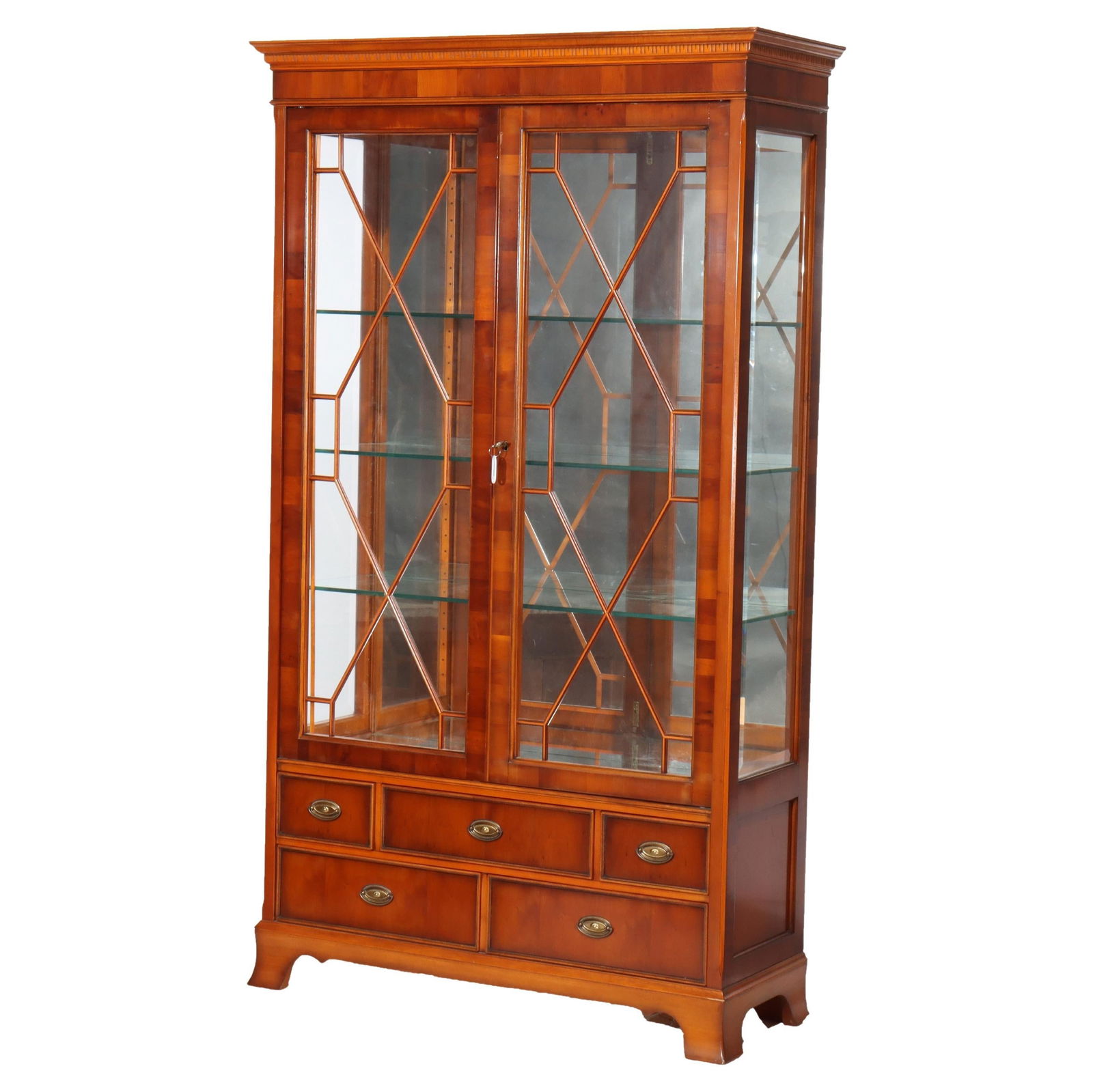 Vintage C1920 Mahogany Satinwood China Cabinet with Latticework: Vintage C1920 Mahogany Satinwood China Cabinet with Latticework This exquisite antique china cabinet, crafted from rich mahogany and elegant satinwood, dates back to circa 1920. Standing at a height o