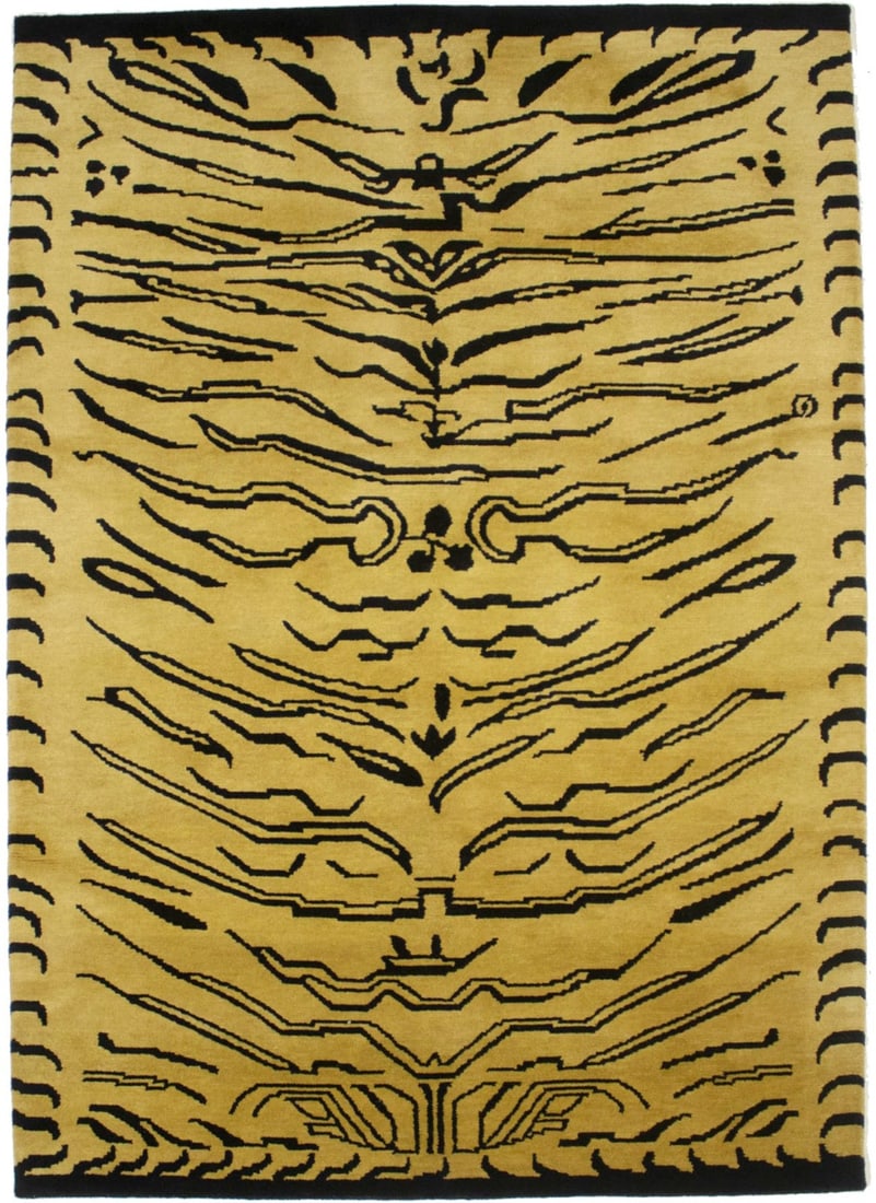Hand-Knotted Nepali Tibetan Tiger Wool Rug 5'2 x 7'3 Modern Tribal Design: Hand-Knotted Nepali Tibetan Tiger Wool Rug 5'2 x 7'3 Modern Tribal Design Enhance your space with this exquisite hand-knotted 5'2" x 7'3" Nepali Tibetan tiger oriental wool rug. Crafted with care, thi