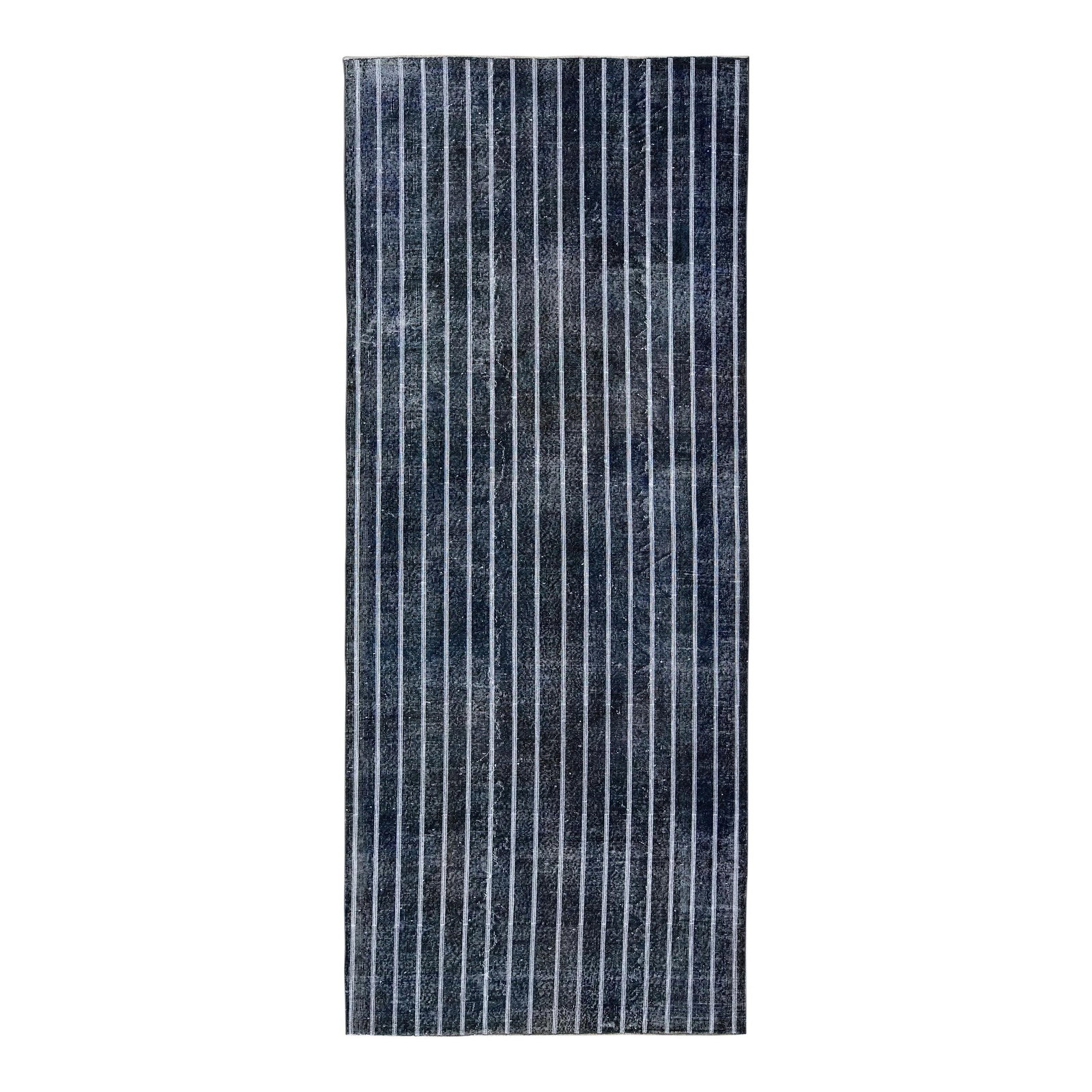 Turkish Handmade Wool Gallery Rug Navy Blue Striped Design 4'9 x 11'7: Turkish Handmade Wool Gallery Rug Navy Blue Striped Design 4'9 x 11'7 Elevate your space with this exquisite Modern Turkish Handmade Striped Motif Rug. Crafted from premium wool, this rug features a s