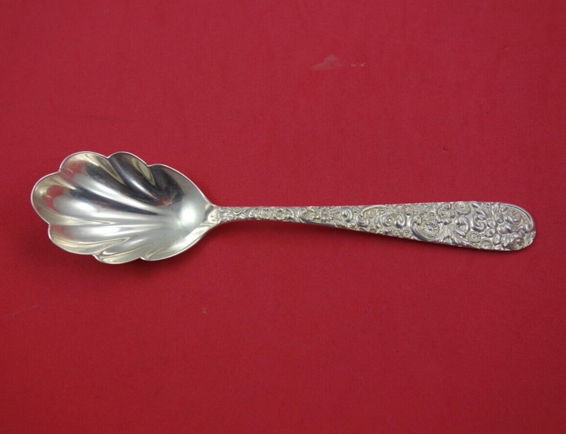 Kirk Repousse Sterling Silver Preserve Spoon by Jenkins & Jenkins 6 5/8": Kirk Repousse Sterling Silver Preserve Spoon by Jenkins & Jenkins 6 5/8" This exquisite preserve spoon, crafted by Jenkins & Jenkins in the elegant Repousse pattern, showcases the timeless beauty of s