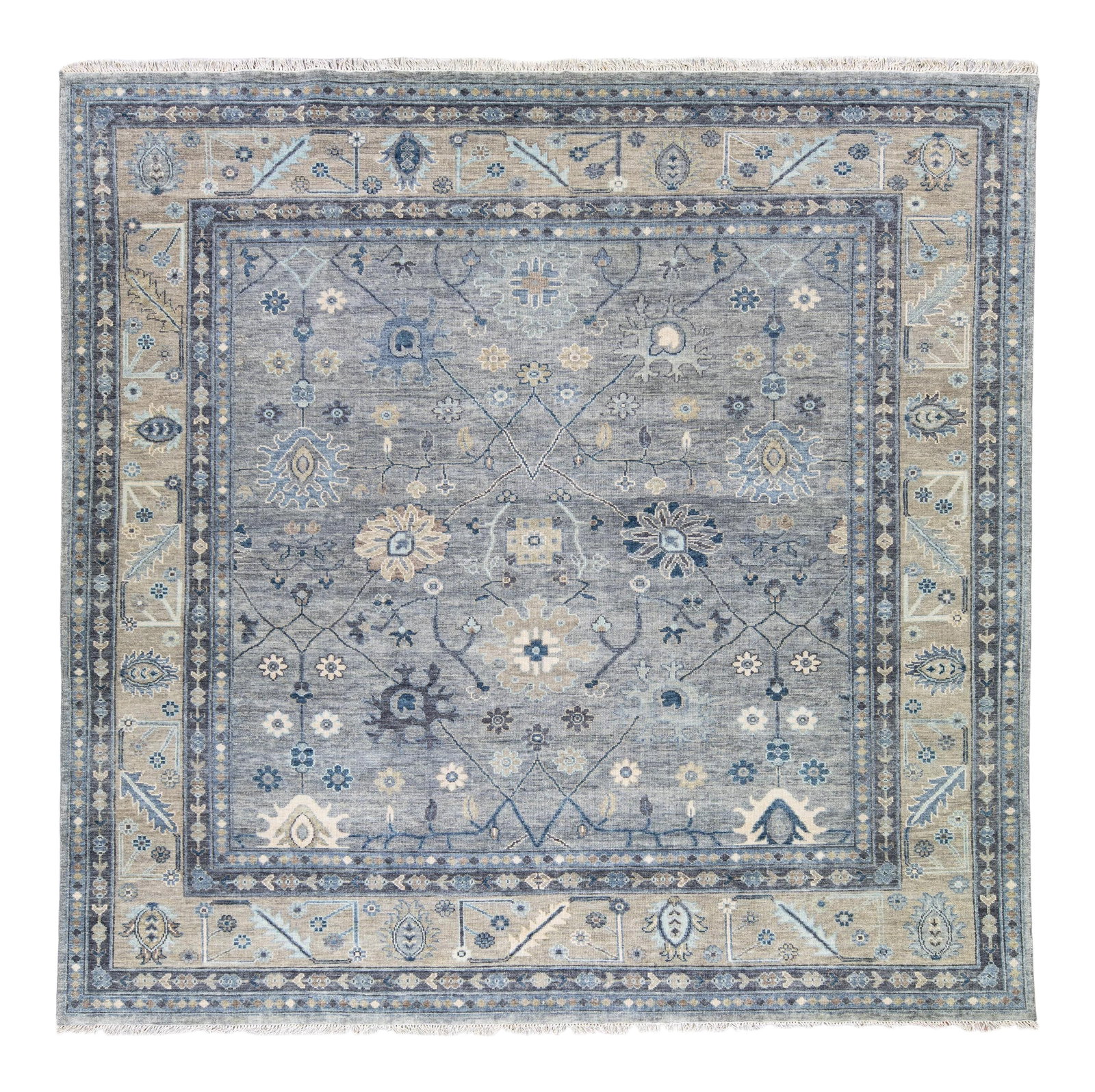 Modern Oushak Handmade Floral Wool Rug 12' x 12' Gray Beige: Modern Oushak Handmade Floral Wool Rug 12' x 12' Gray Beige Enhance your living space with this stunning Modern Oushak Style Handmade Floral Motif Square Wool Rug. Featuring a beautiful gray field, th