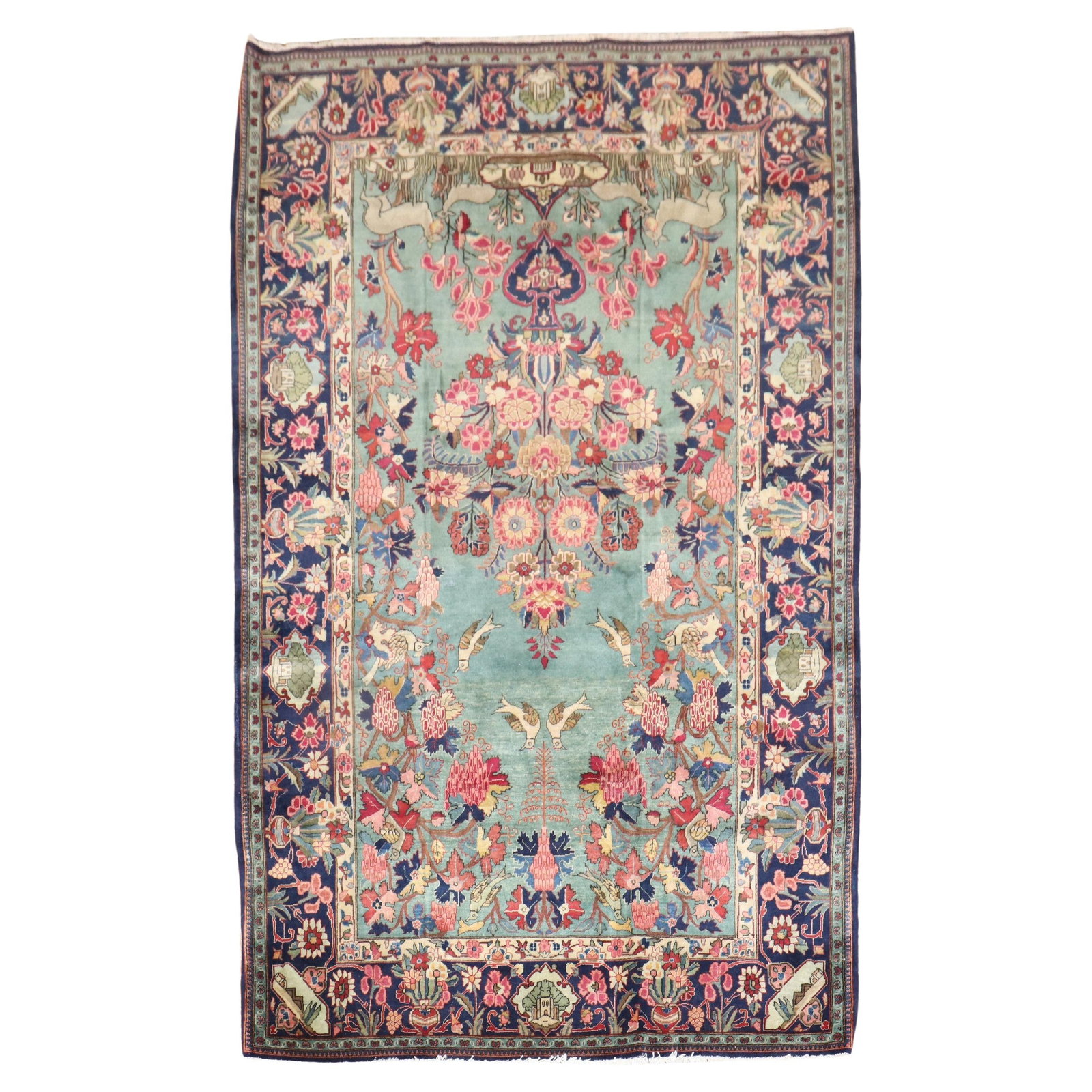 Emerald Green Botanical Antique Persian Kashan Rug 53 x 81 Hand-Knotted Wool Early 20th Century Iran: Emerald Green Botanical Antique Persian Kashan Rug 53 x 81 Hand-Knotted Wool Early 20th Century Iran This stunning Emerald Green Botanical Antique Persian Kashan Rug showcases the exquisite craftsmans