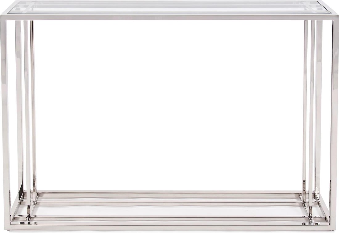 Howard Elliott Echo Polished Silver Console Table with Glass Top: Howard Elliott Echo Polished Silver Console Table with Glass Top Introducing the Elegant Polished Silver Console, a stunning addition to any modern living space. Crafted from durable stainless steel,