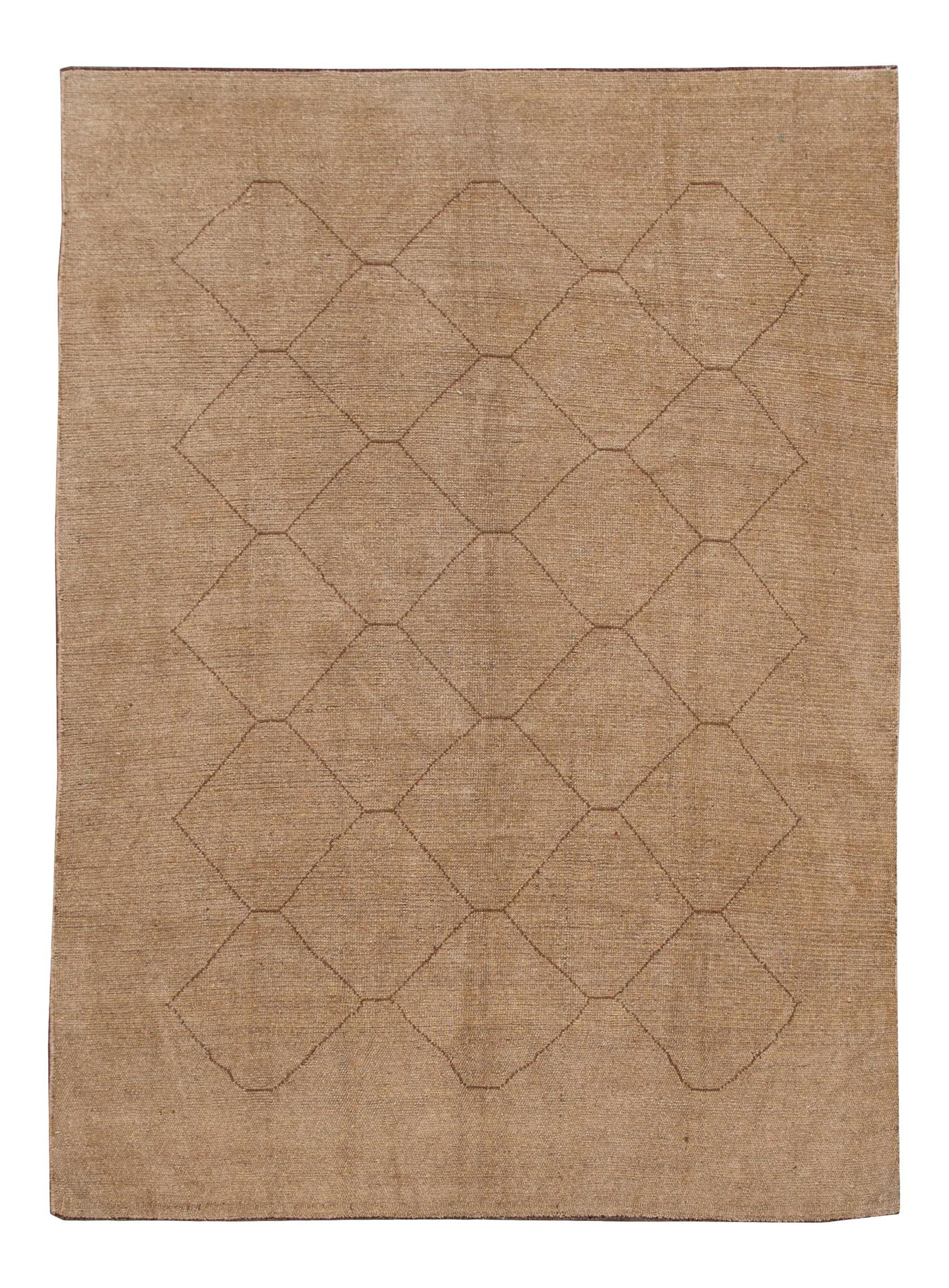 Contemporary Tan Handmade Geometric Wool Rug 6'7 x 9'1: Contemporary Tan Handmade Geometric Wool Rug 6'7 x 9'1 Enhance your space with this stunning modern Moroccan style wool rug, featuring a warm tan field complemented by a striking brown geometric diamo