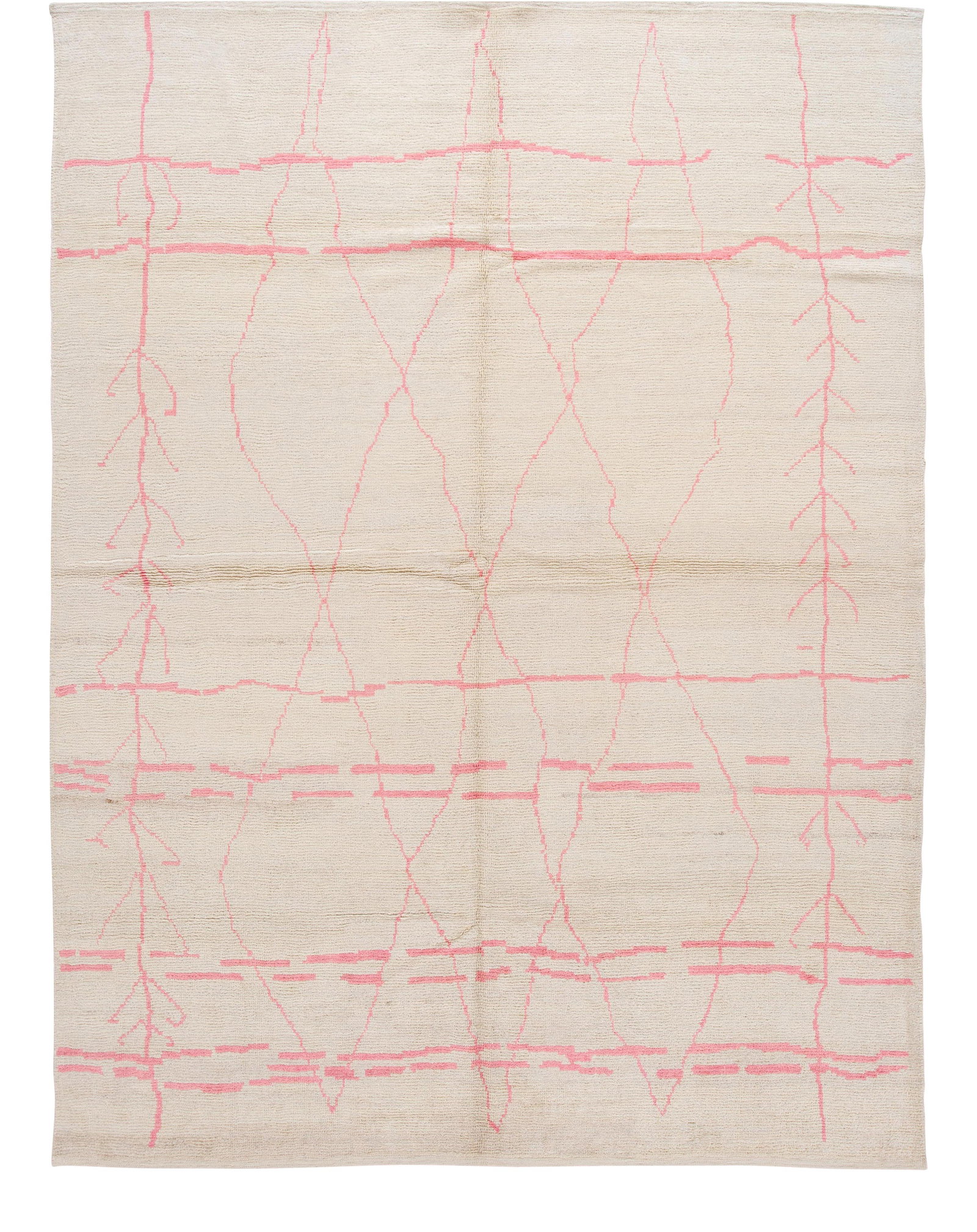 Handmade Beige Pink Tribal Moroccan Wool Rug 9' x 12'2": Handmade Beige Pink Tribal Moroccan Wool Rug 9' x 12'2" Enhance your living space with this stunning handmade Moroccan-style rug, featuring a beautiful beige field adorned with pink accents and a capt