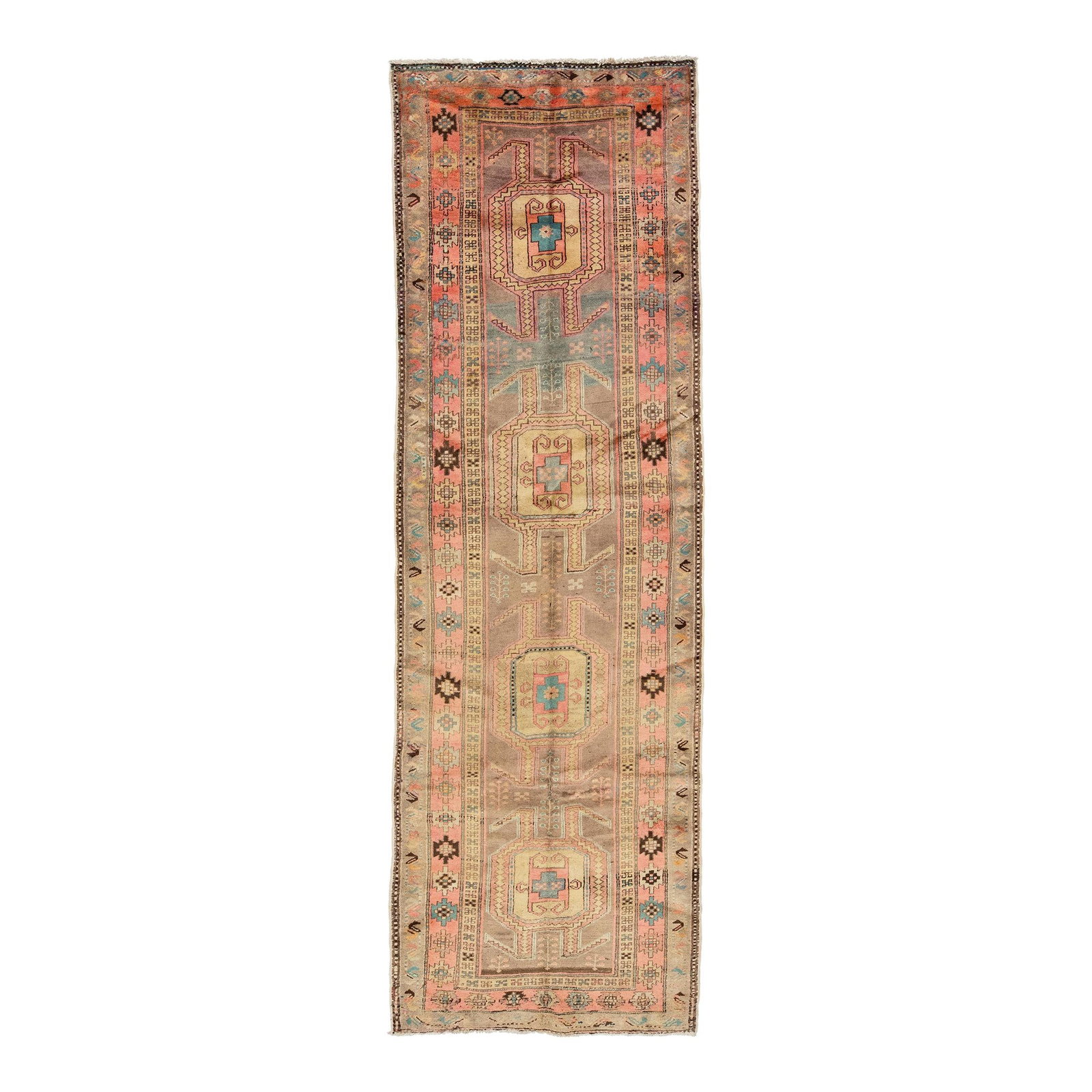 Vintage Hand-Knotted Heriz Wool Rug in Peach Tribal Design 3'5 x 10'8: Vintage Hand-Knotted Heriz Wool Rug in Peach Tribal Design 3'5 x 10'8 Enhance your space with this exquisite hand-knotted Persian wool rug, featuring a light brown field adorned with a captivating tri