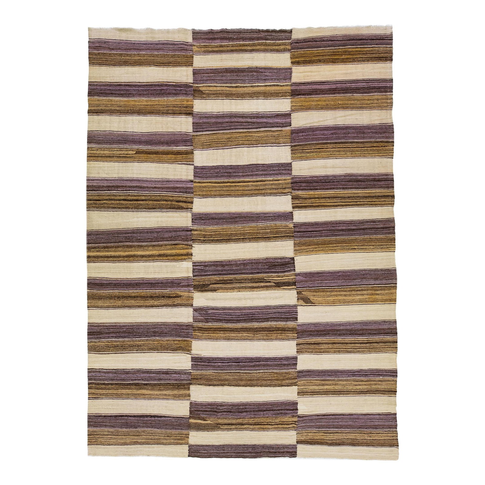 Contemporary Beige Striped Kilim Wool Rug 10' x 13'10": Contemporary Beige Striped Kilim Wool Rug 10' x 13'10" Enhance your living space with this contemporary kilim wool rug, featuring a vibrant stripe design in shades of beige, brown, and tan. Perfect fo