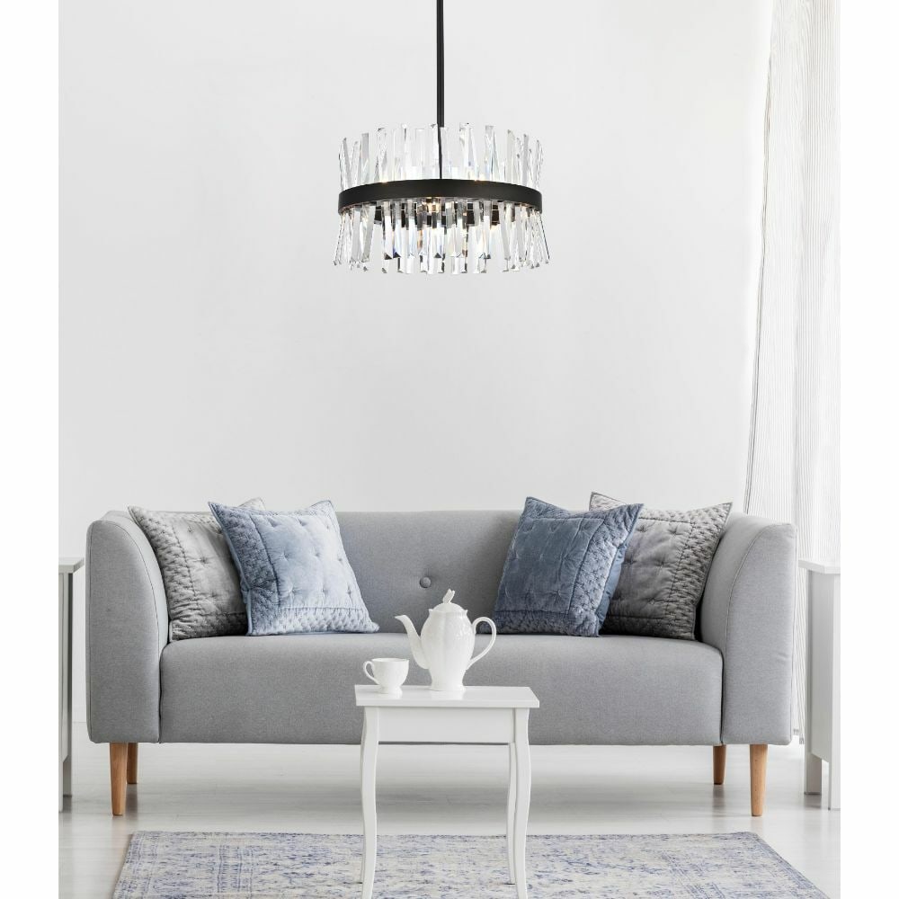 Serephina 8-Light Black Crystal Modern Chandelier for Dining or Living Room 20 Inch: Serephina 8-Light Black Crystal Modern Chandelier for Dining or Living Room 20 Inch This modern black chandelier features a striking design with Royal Cut clear crystal accents and an adjustable heigh