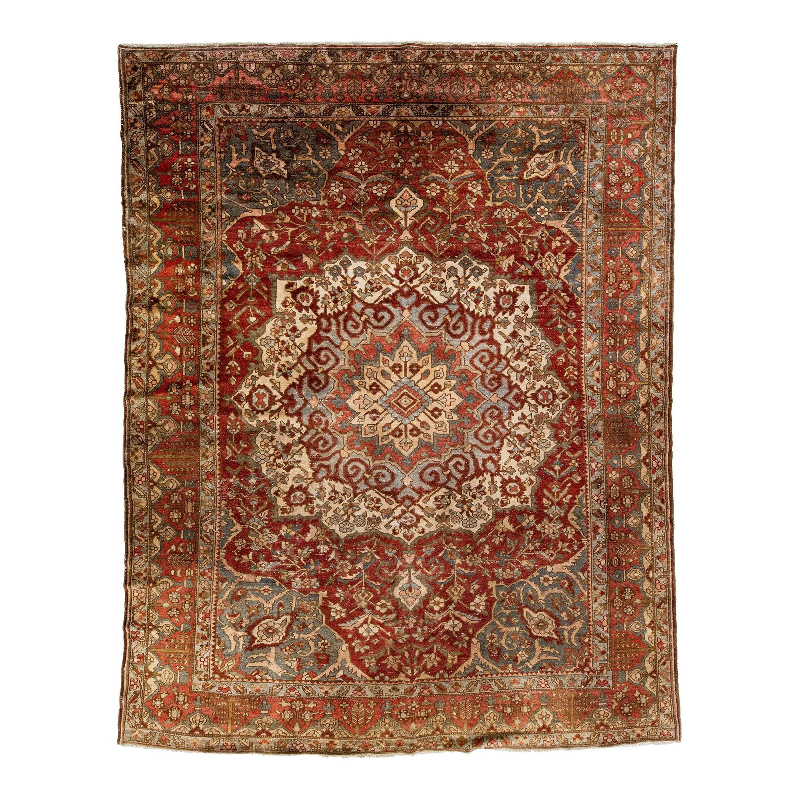 Antique Persian Bakhtiari Handmade Wool Rug 9'10 x 12'7 Rust Rosette Design: Antique Persian Bakhtiari Handmade Wool Rug 9'10 x 12'7 Rust Rosette Design Enhance your space with this exquisite 1960s Antique Persian Bakhtiari handmade wool rug. Showcasing a rich rust field adorn