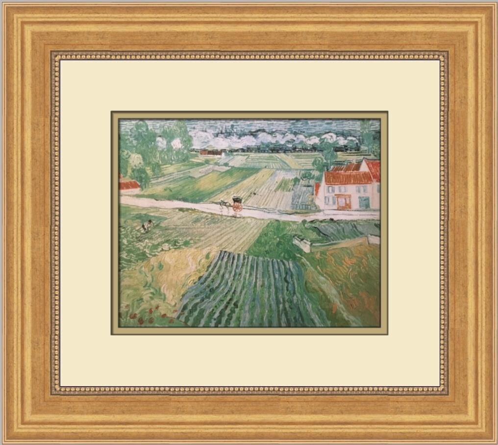 Vincent Van Gogh Landscape with Carriage Custom Framed Print 15 x 17: Vincent Van Gogh Landscape with Carriage Custom Framed Print 15 x 17 This stunning custom framed print features Vincent Van Gogh's iconic artwork, "Landscape with Carriage and Train." Measuring 15" x