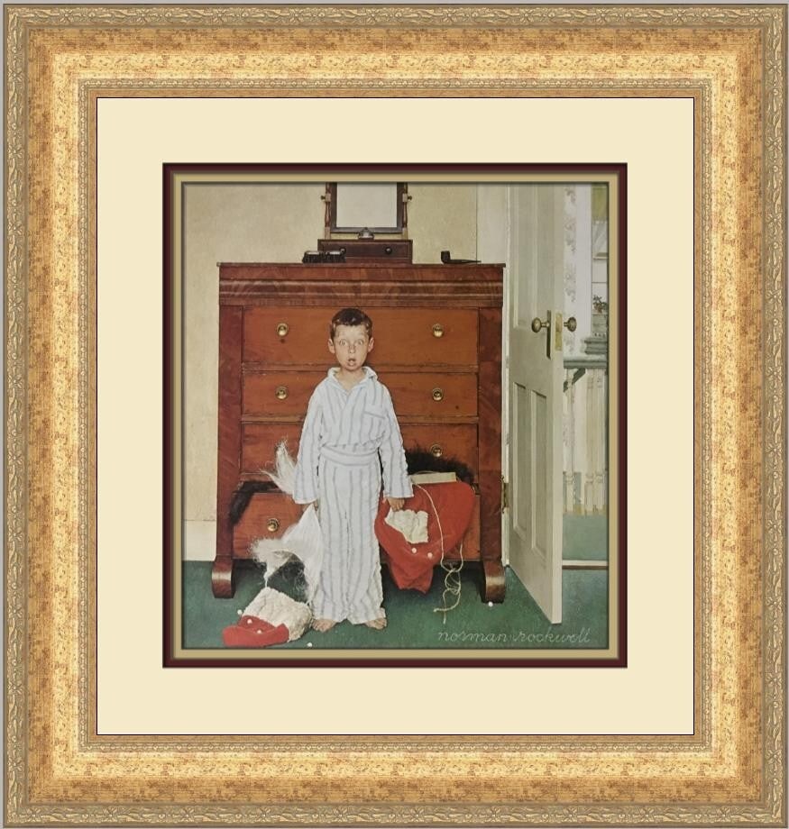 Norman Rockwell Discovering Santa Custom Framed Print 1977 Americana Art: Norman Rockwell Discovering Santa Custom Framed Print 1977 Americana Art This custom framed print by Norman Rockwell captures the festive spirit of the season with the title "Discovering Santa." Measu