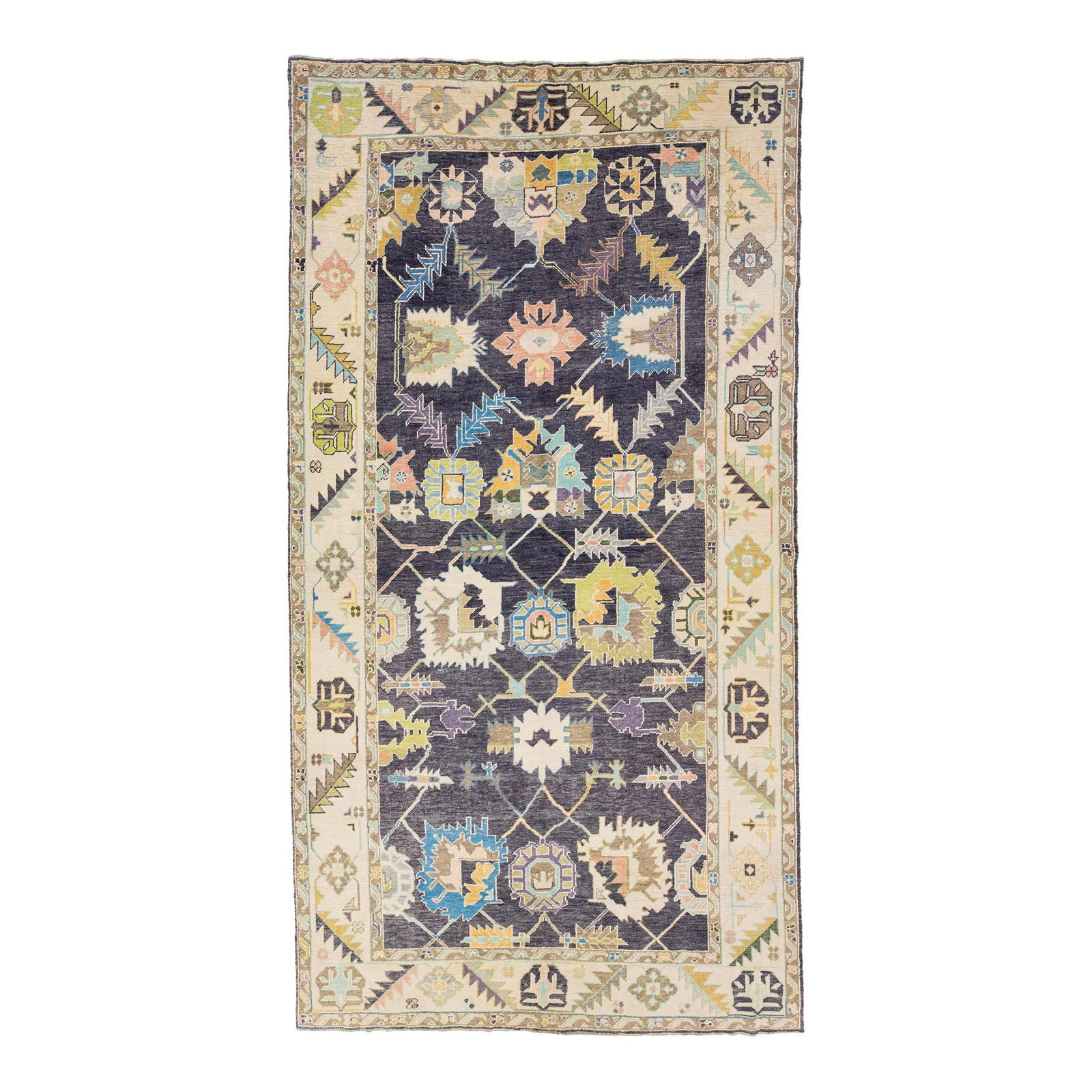 Modern Turkish Oushak Hand-Knotted Floral Wool Rug 8'4" x 15'10": Modern Turkish Oushak Hand-Knotted Floral Wool Rug 8'4" x 15'10" Enhance your space with this stunning modern Turkish Oushak handmade rug, crafted from high-quality wool. Featuring a rich charcoal fie