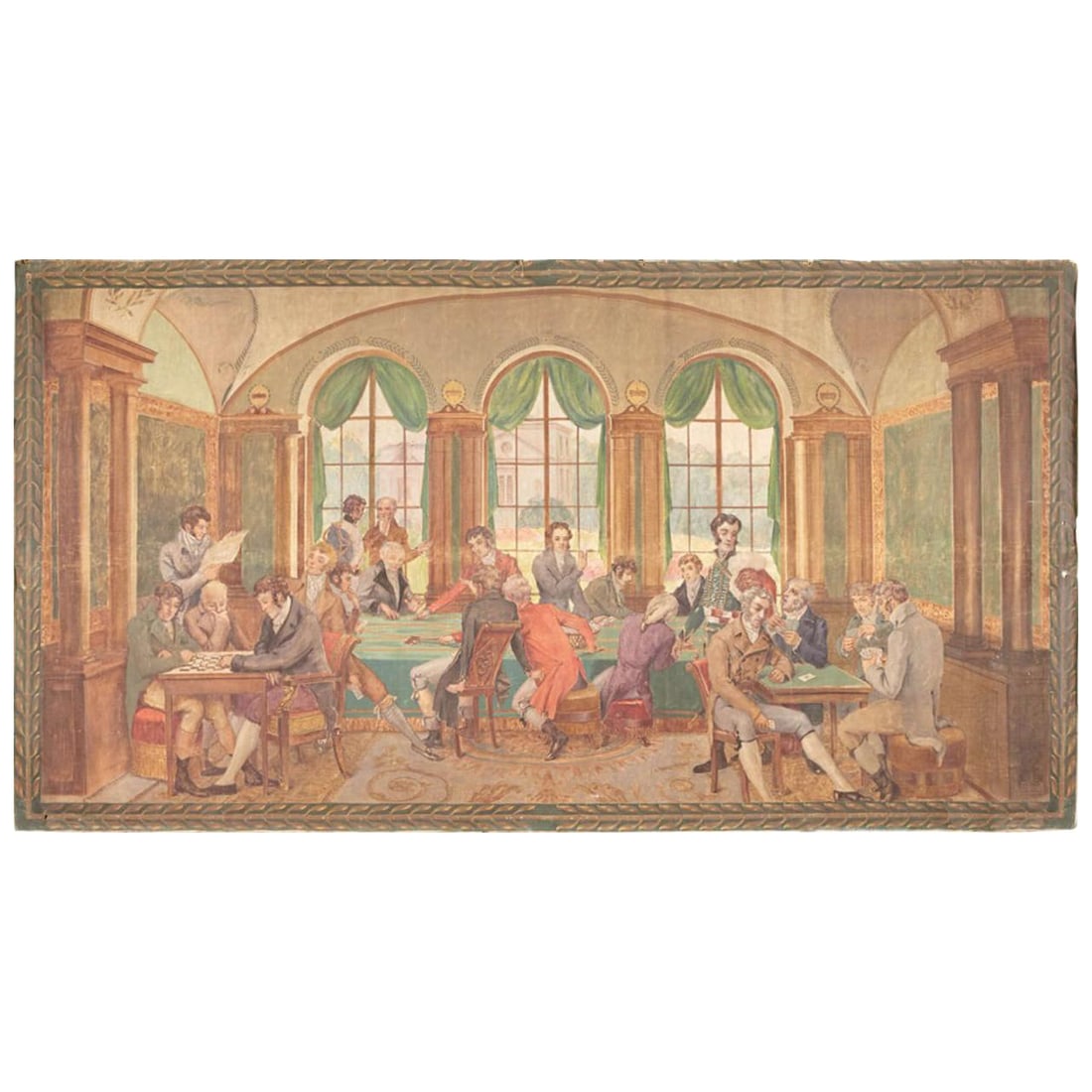 19th Century Empire French Hand-Painted Canvas by Louis A. David: 19th Century Empire French Hand-Painted Canvas by Louis A. David This exquisite early 19th-century Empire French hand-painted wall canvas titled "Le Cercle de Jeux" is a stunning representation of his