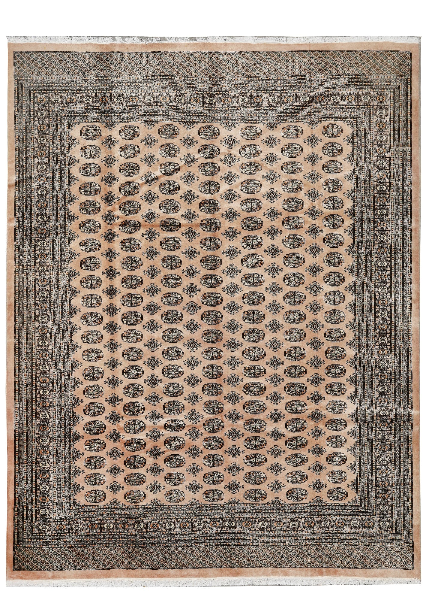 9.3 x 11.6 Handmade Pakistan Bokhara Wool Rug Beige Brown: 9.3 x 11.6 Handmade Pakistan Bokhara Wool Rug Beige Brown Free continental US Shipping This 9.3 x 11.6 handmade Bokhara rug from Pakistan features a classic geometric "gul" pattern in beige and brown