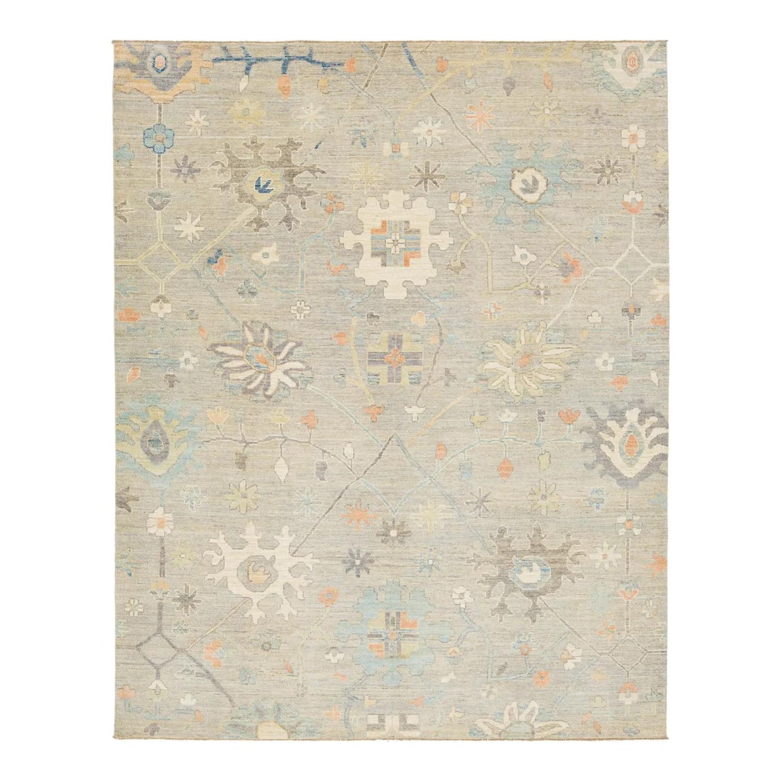 8'1 x 10'1 hand-knotted wool rug with beige contemporary Turkish-inspired design: 8'1 x 10'1 hand-knotted wool rug with beige contemporary Turkish-inspired design This hand-knotted modern Oushak style wool rug features a serene palette of beige, blue, and terracotta. Inspired by tr