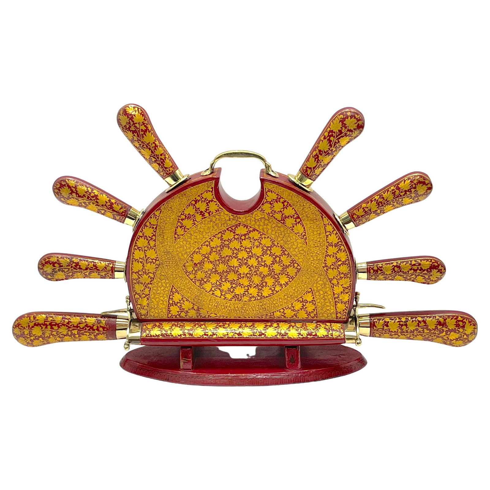 Mid-Century Anglo-Indian Red Lacquer Brass Carving Set 1950s: Mid-Century Anglo-Indian Red Lacquer Brass Carving Set 1950s This exquisite Anglo-Indian carving set showcases a rich red lacquer background adorned with intricate gilt leaf, vine, and trellis pattern