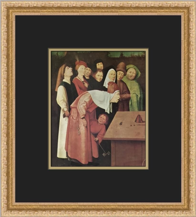 Hieronymus Bosch The Conjurer Matted Framed Print 1966: Hieronymus Bosch The Conjurer Matted Framed Print 1966 This exquisite print titled 'The Conjurer' by Hieronymus Bosch showcases the artist's unique style of realism. The art piece is an open edition o