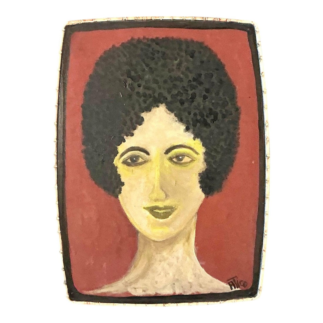 Mid Century Outsider Folk Art Portrait Painted on Resin Basket Lid: Mid Century Outsider Folk Art Portrait Painted on Resin Basket Lid This vintage portrait showcases the expressive freedom of Outsider and Folk Art from the mid-20th century. The artwork is painted in