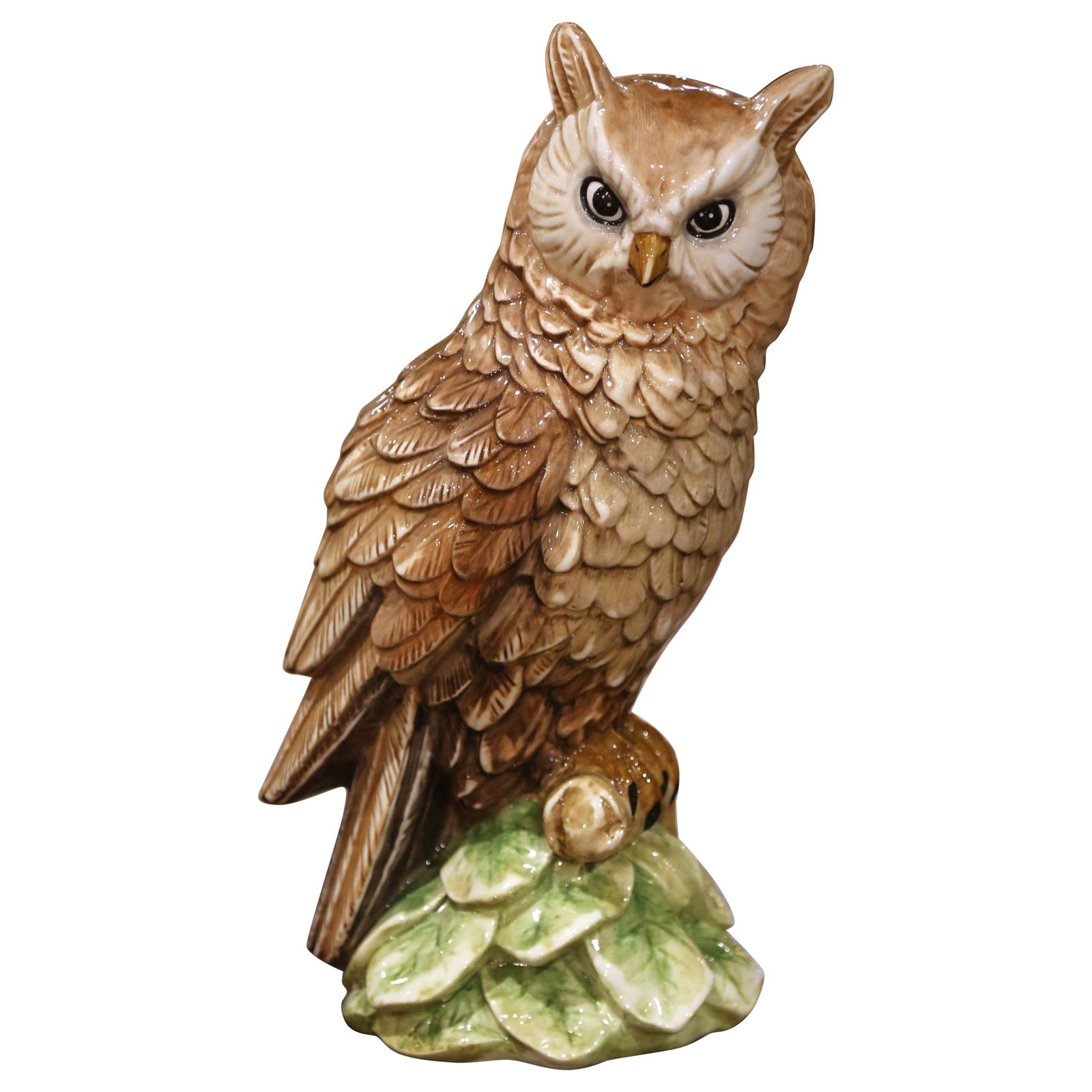 Italian Midcentury Hand Painted Ceramic Owl Figure with Leaf Motif Base: Italian Midcentury Hand Painted Ceramic Owl Figure with Leaf Motif Base This mid-century Italian ceramic sculpture beautifully depicts an owl perched on a base of glossy green foliage. Expertly hand-c