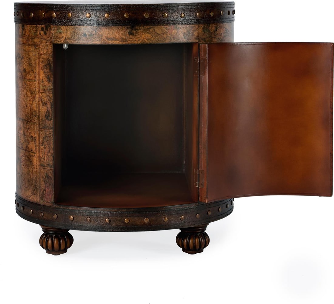 Butler Vasco Round Duffel Table Light Brown 22H 20W 20D: Butler Vasco Round Duffel Table Light Brown 22H 20W 20D Introducing the Classic Round Vasco Duffel Table, a stylish addition to your living space. This table features a formal style with a round shape