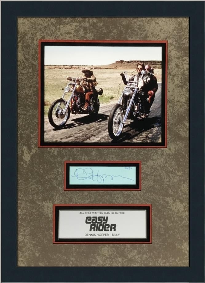Dennis Hopper Signed Easy Rider Cut Signature Custom Framed Beckett COA: Dennis Hopper Signed Easy Rider Cut Signature Custom Framed Beckett COA This is a signed cut signature of Dennis Hopper from the classic movie Easy Rider. The item features an engraved plaque and come