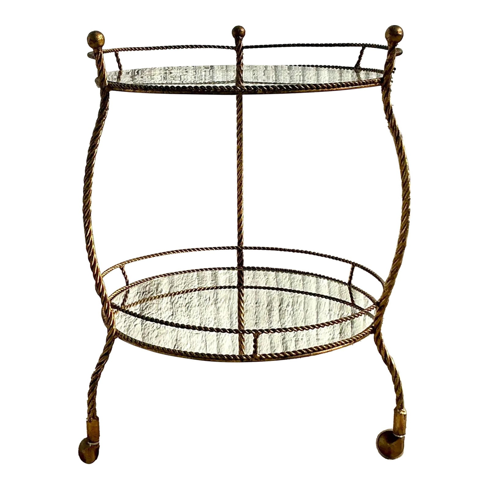 Vintage Regency Gilt Twisted Bar Cart with Glass and Mirror Shelves: Vintage Regency Gilt Twisted Bar Cart with Glass and Mirror Shelves Elevate your home with this stunning Mid 20th Century Vintage Regency Gilt Twisted Bar Cart. Crafted with intricate twisted gilt met
