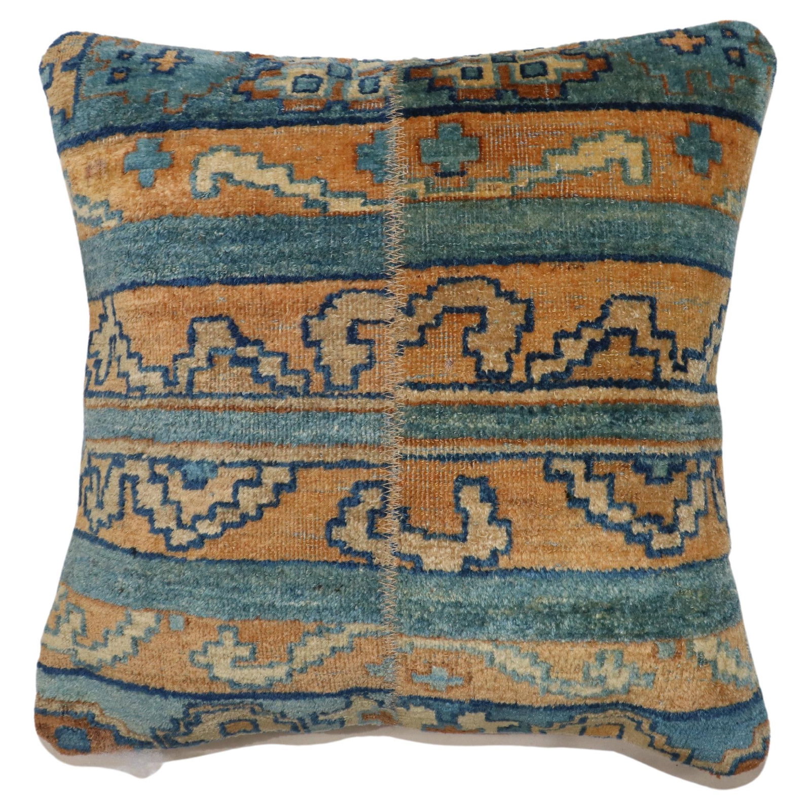 Zabihi Collection Blue Gold Agra Rug Pillow 15 x 15: Zabihi Collection Blue Gold Agra Rug Pillow 15 x 15 Enhance your home decor with this exquisite Zabihi Collection Blue Gold Indian Rug Pillow. Crafted from a blend of cotton, foam, and wool, this pill