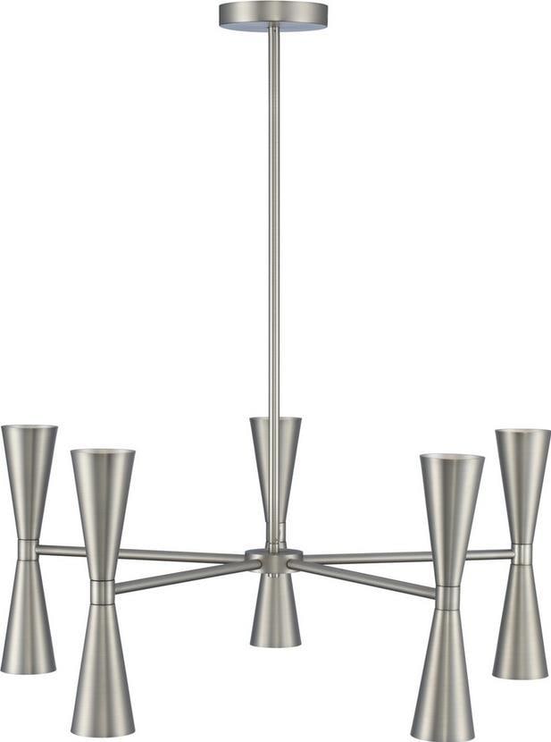 Kalco Milo Mid-Century Modern 10-Light Stainless Steel Chandelier: Kalco Milo Mid-Century Modern 10-Light Stainless Steel Chandelier Illuminate your space with the Milo Stainless Steel Chandelier, featuring a contemporary 5-arm oval design that adds a touch of mid-ce