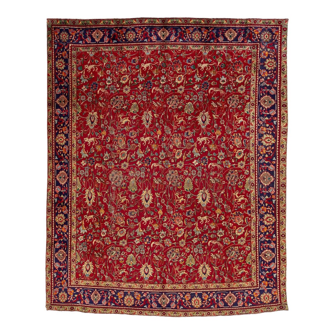 1940s Vintage Hand-Knotted Persian Tabriz Wool Rug Red Floral 9'9" x 12'3": 1940s Vintage Hand-Knotted Persian Tabriz Wool Rug Red Floral 9'9" x 12'3" Add a touch of elegance to your home with this exquisite vintage 1940s Persian Tabriz wool rug. Featuring a striking red fiel