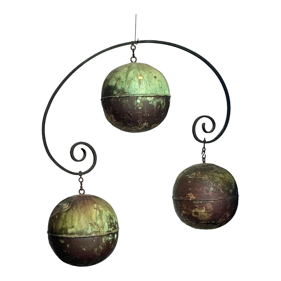 Large Patinated Copper and Iron Pawn Broker Hanging Sign with Three Orbs: Large Patinated Copper and Iron Pawn Broker Hanging Sign with Three Orbs This vintage hanging pawn brokers trade sign features three large, spherical copper orbs suspended from a scroll-adorned, drama